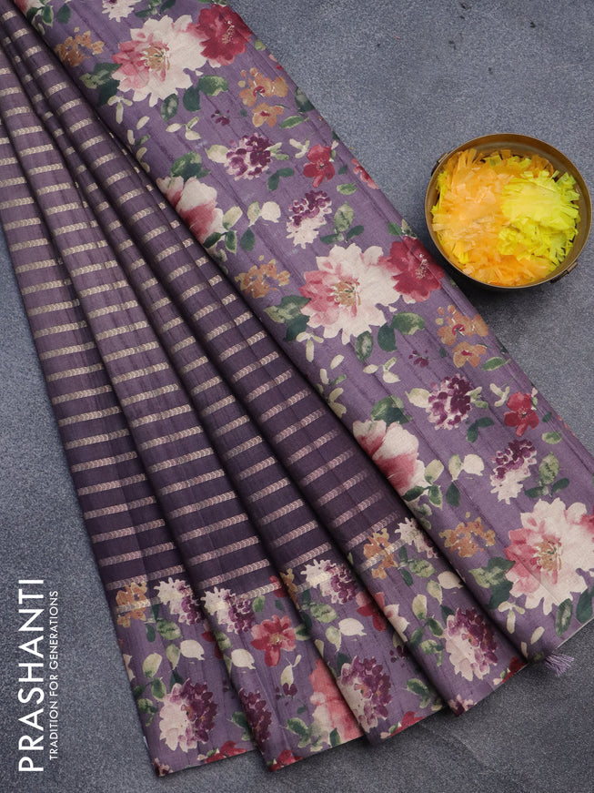 Semi tussar saree deep jamun shade with allover zari woven veldhari design and floral printed border