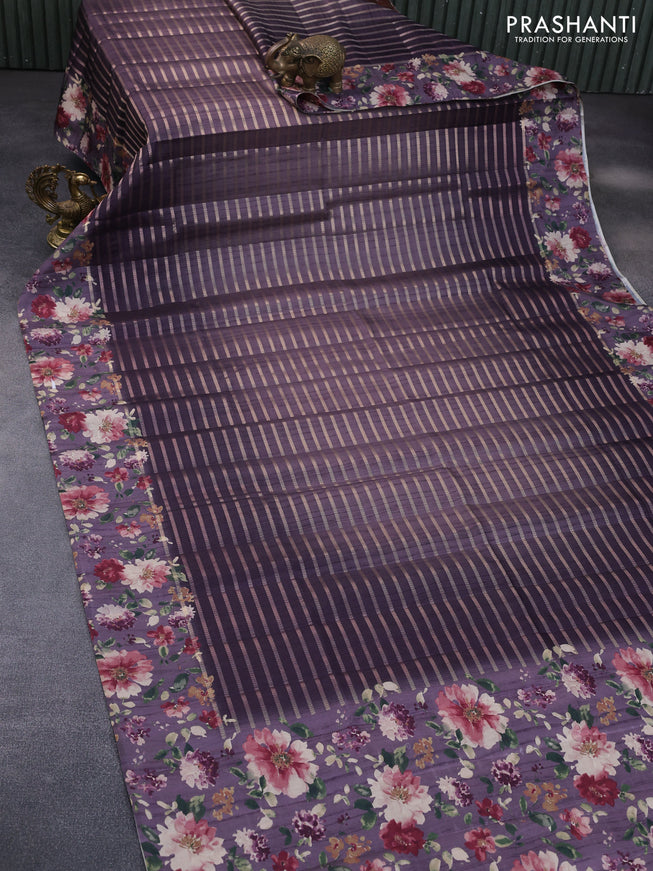 Semi tussar saree deep jamun shade with allover zari woven veldhari design and floral printed border