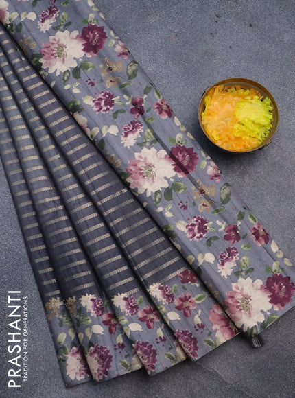 Semi tussar saree dark grey with allover zari woven veldhari design and floral printed border