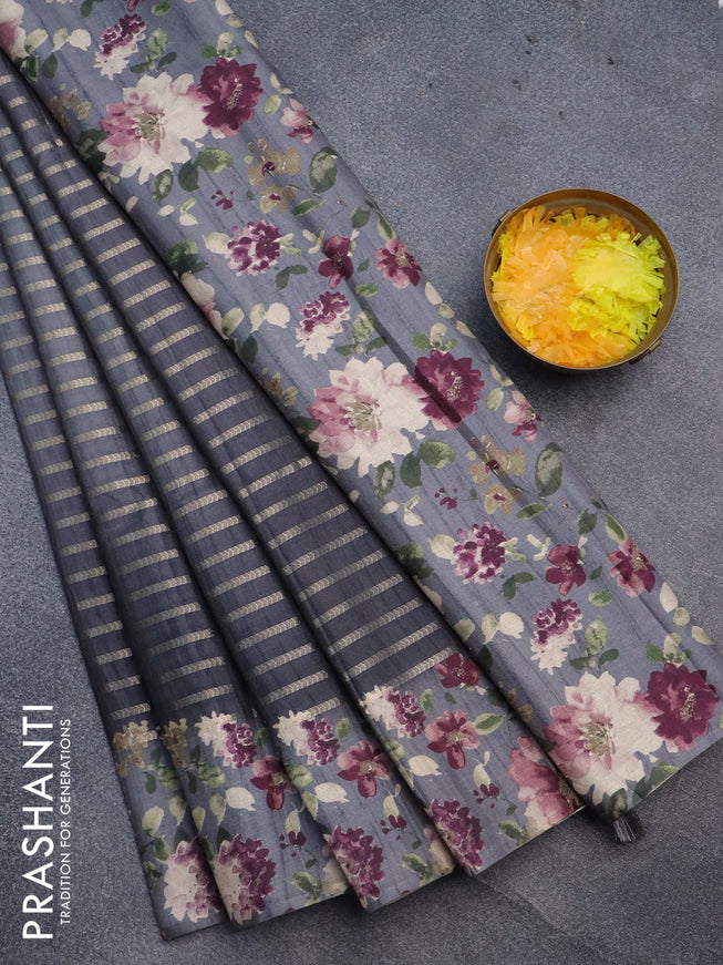 Semi tussar saree dark grey with allover zari woven veldhari design and floral printed border