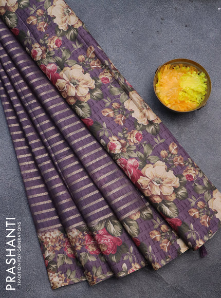 Semi tussar saree jamun shade with allover zari woven veldhari design and floral printed border