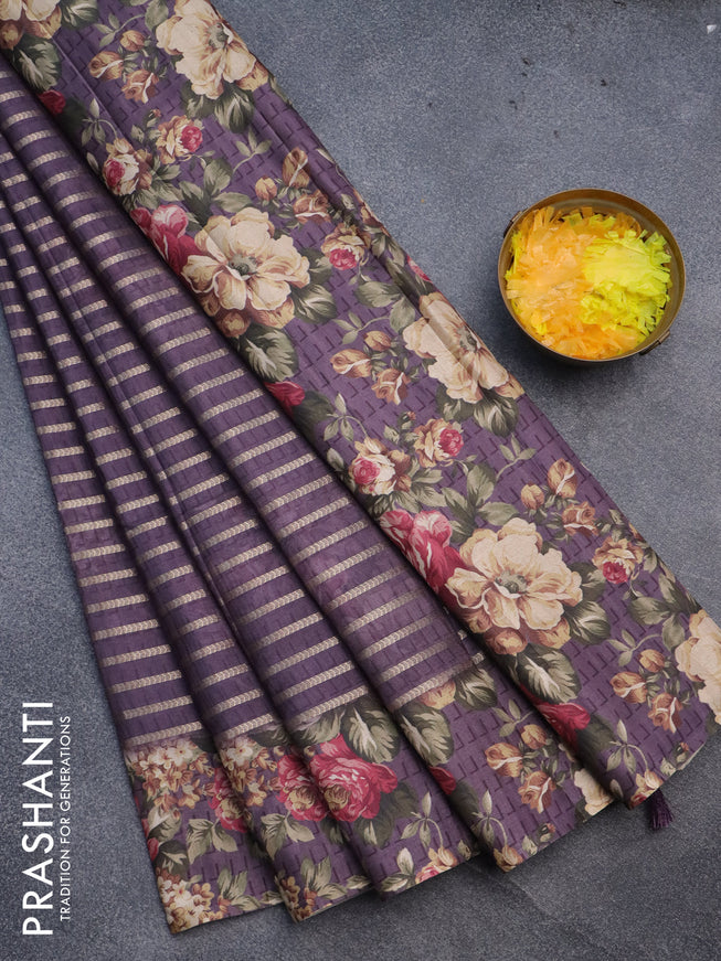 Semi tussar saree jamun shade with allover zari woven veldhari design and floral printed border