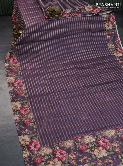 Semi tussar saree jamun shade with allover zari woven veldhari design and floral printed border