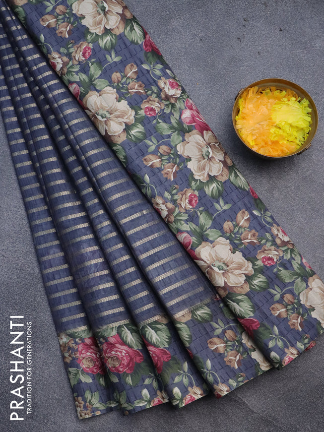 Semi tussar saree elephant grey with allover zari woven veldhari design and floral printed border