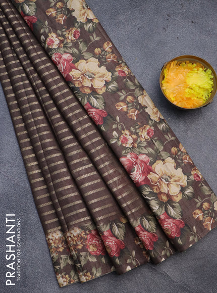 Semi tussar saree brown with allover zari woven veldhari design and floral printed border