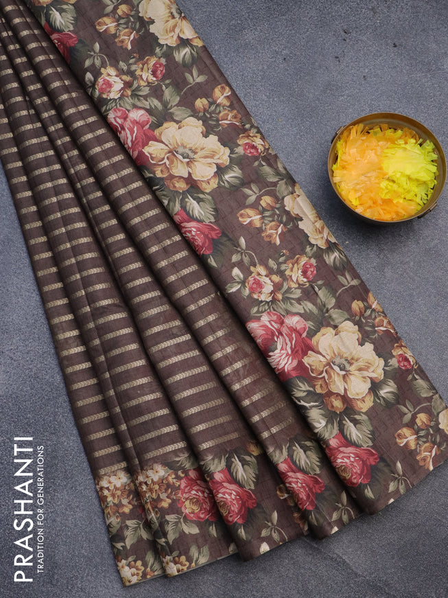 Semi tussar saree brown with allover zari woven veldhari design and floral printed border