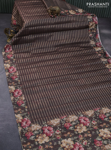 Semi tussar saree brown with allover zari woven veldhari design and floral printed border