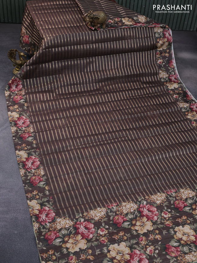 Semi tussar saree brown with allover zari woven veldhari design and floral printed border