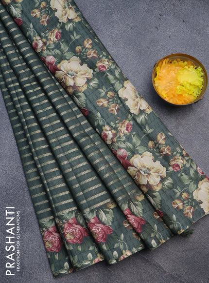 Semi tussar saree sap green with allover zari woven veldhari design and floral printed border