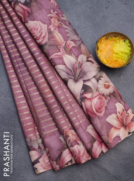 Semi tussar saree pastel maroon shade with allover zari woven veldhari design and floral printed border