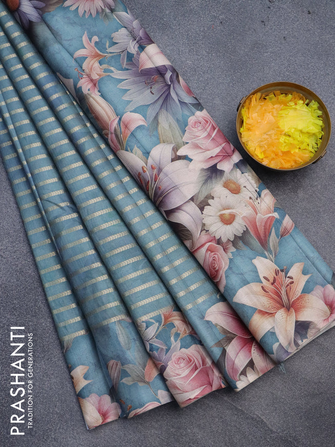 Semi tussar saree greyish blue with allover zari woven veldhari design and floral printed border