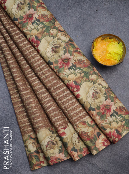 Semi tussar saree brown with allover zari woven veldhari design & bandhani prints and floral printed border