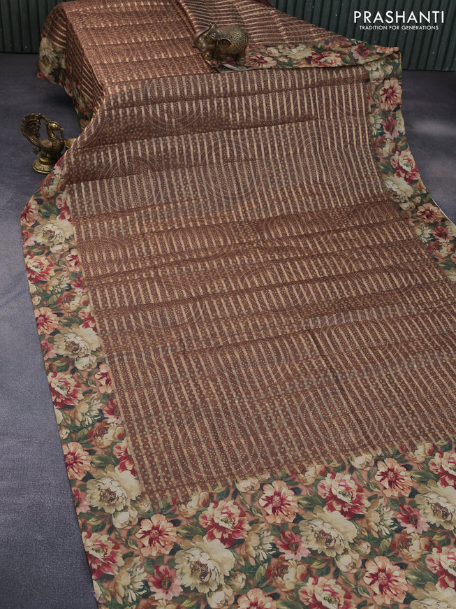 Semi tussar saree brown with allover zari woven veldhari design & bandhani prints and floral printed border