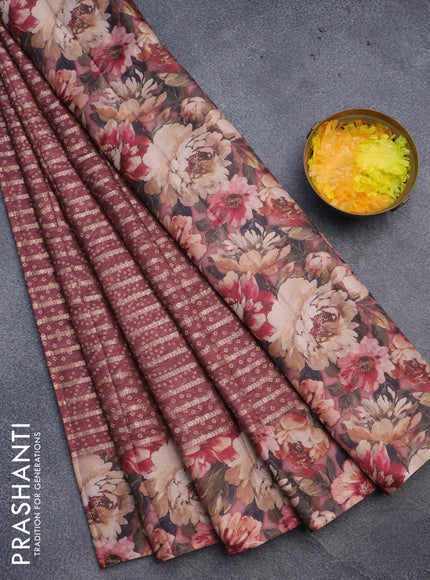 Semi tussar saree maroon shade with allover zari woven veldhari design & bandhani prints and floral printed border