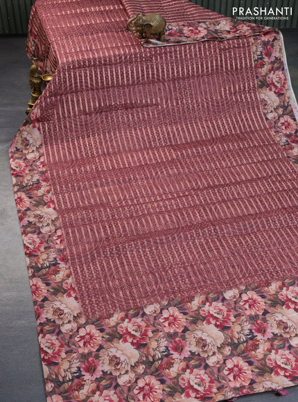 Semi tussar saree maroon shade with allover zari woven veldhari design & bandhani prints and floral printed border