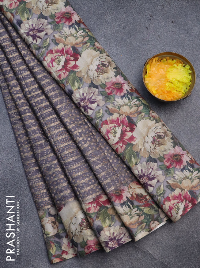 Semi tussar saree grey with allover zari woven veldhari design & bandhani prints and floral printed border