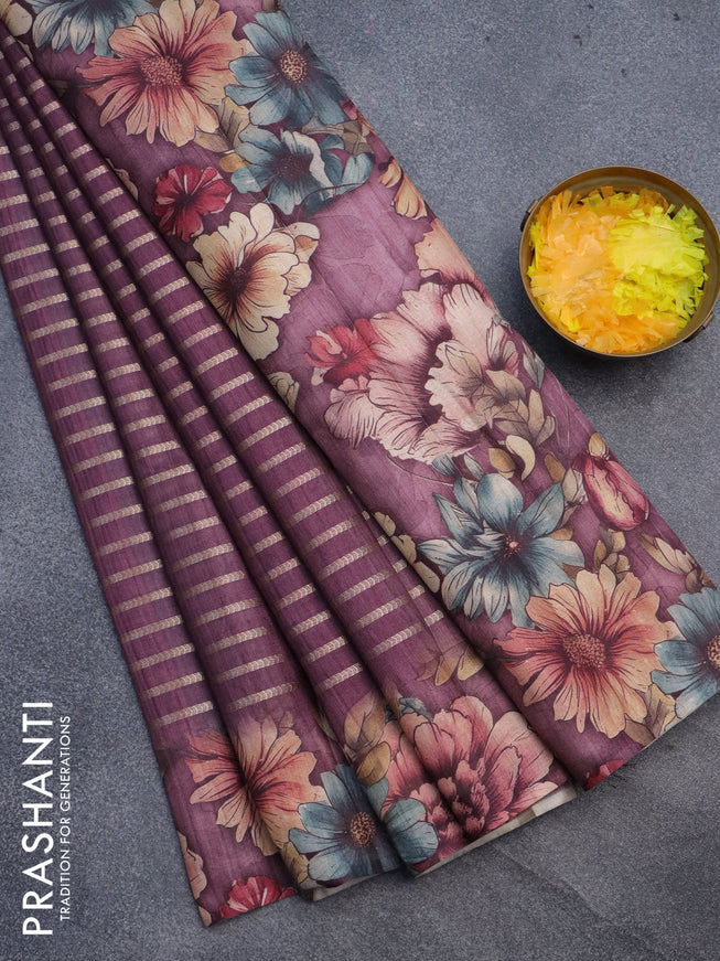 Semi tussar saree wine shade with allover zari woven veldhari design and floral printed border