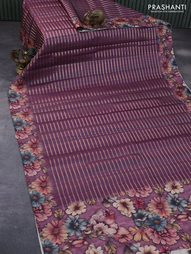 Semi tussar saree wine shade with allover zari woven veldhari design and floral printed border