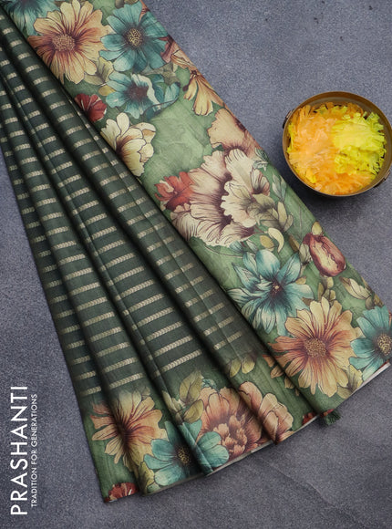 Semi tussar saree dark sap green with allover zari woven veldhari design and floral printed border