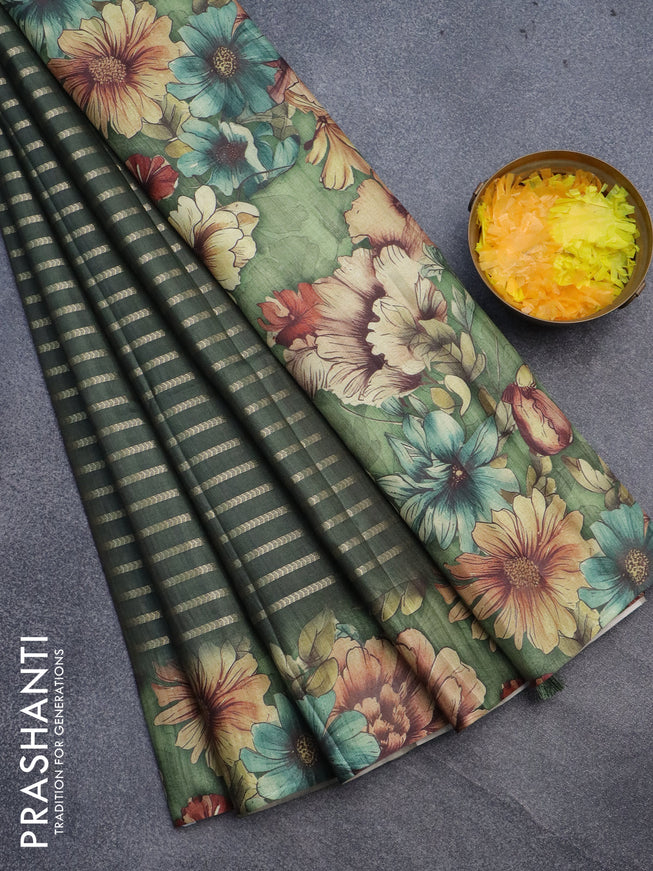 Semi tussar saree dark sap green with allover zari woven veldhari design and floral printed border