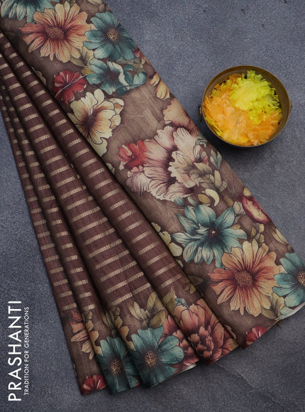 Semi tussar saree brown with allover zari woven veldhari design and floral printed border