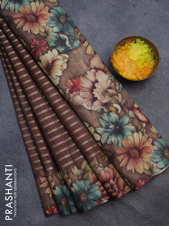 Semi tussar saree brown with allover zari woven veldhari design and floral printed border