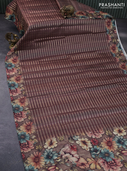 Semi tussar saree brown with allover zari woven veldhari design and floral printed border