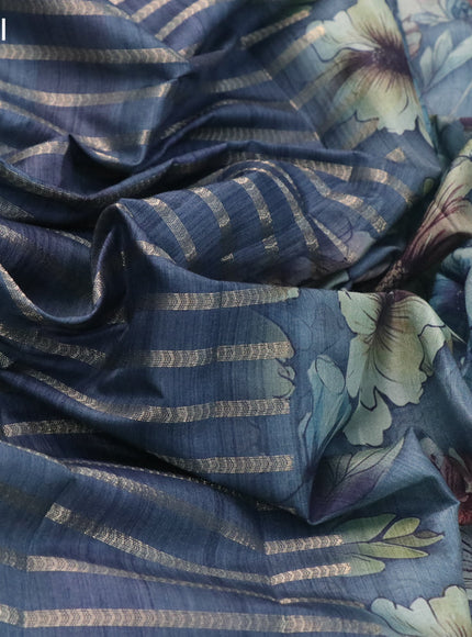 Semi tussar saree blue shade with allover zari woven veldhari design and floral printed border