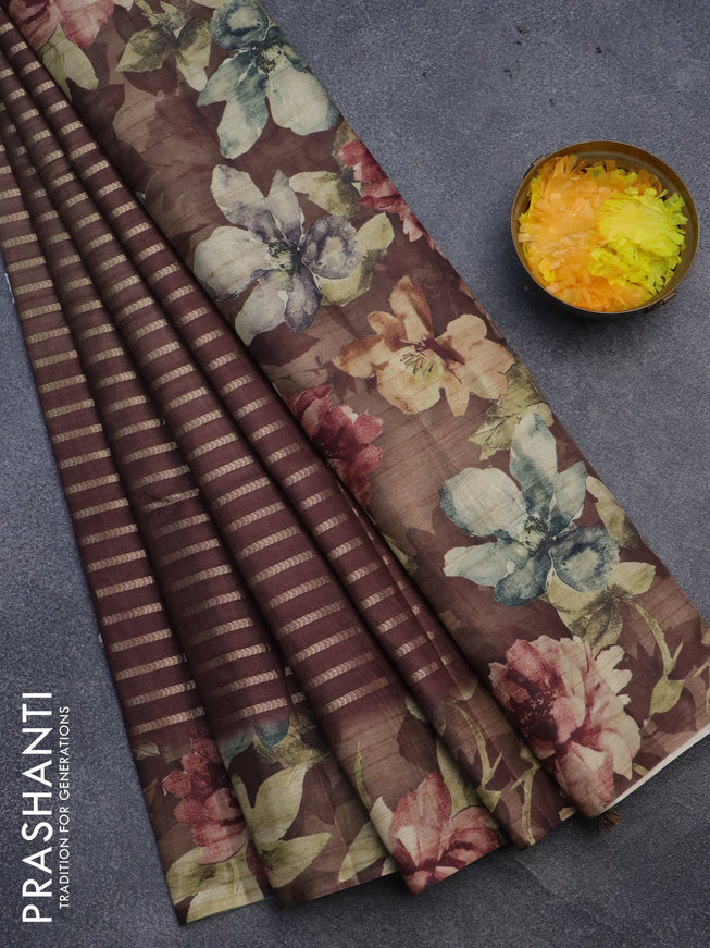 Semi tussar saree brown with allover zari woven veldhari design and floral printed border