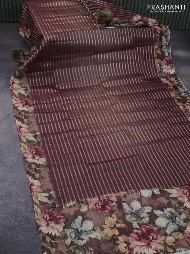 Semi tussar saree brown with allover zari woven veldhari design and floral printed border