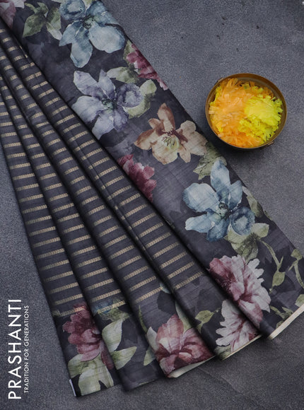 Semi tussar saree grey with allover zari woven veldhari design and floral printed border