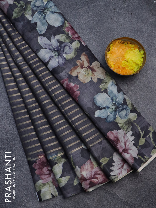 Semi tussar saree grey with allover zari woven veldhari design and floral printed border