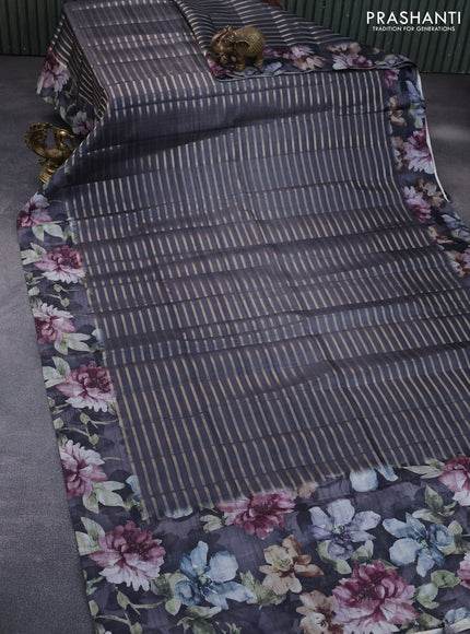 Semi tussar saree grey with allover zari woven veldhari design and floral printed border