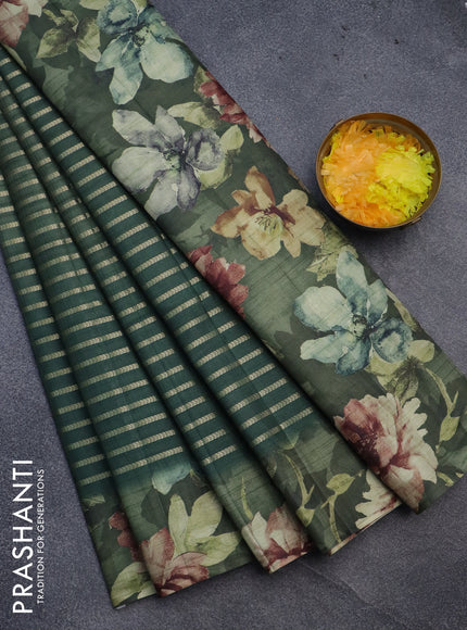 Semi tussar saree green with allover zari woven veldhari design and floral printed border