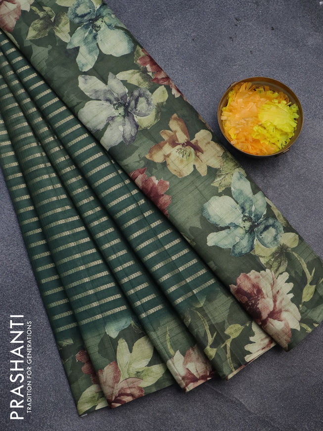 Semi tussar saree green with allover zari woven veldhari design and floral printed border