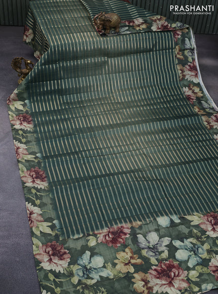 Semi tussar saree green with allover zari woven veldhari design and floral printed border