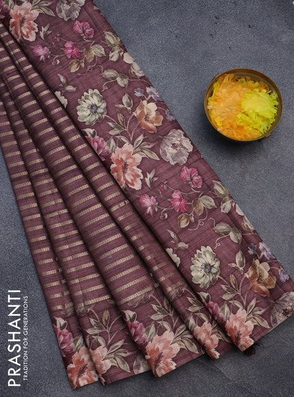 Semi tussar saree brown with allover zari woven veldhari design and floral printed border