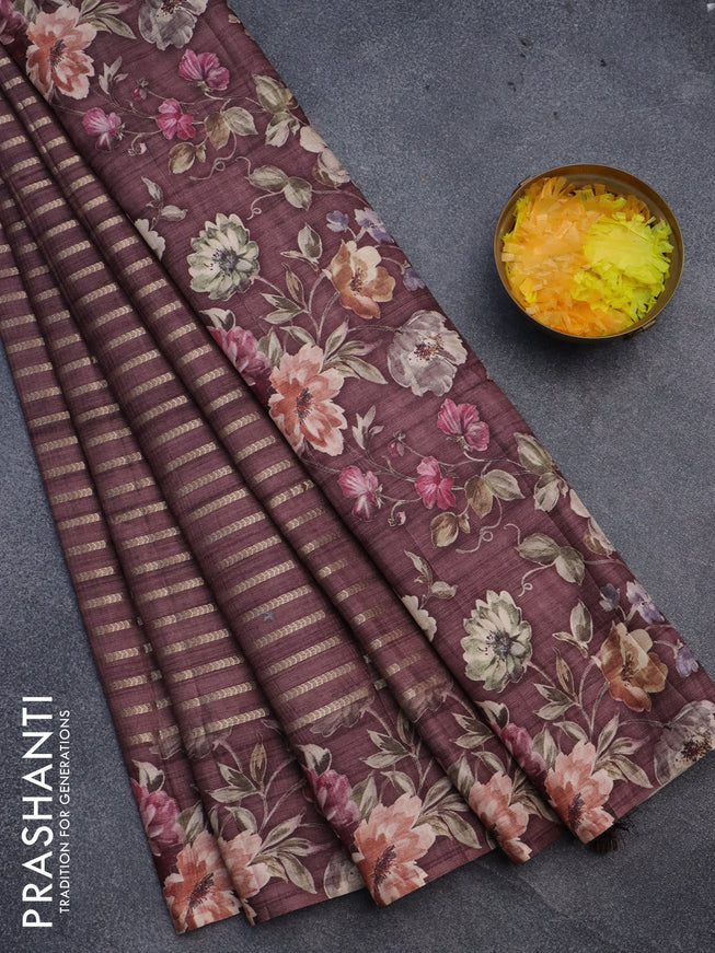 Semi tussar saree brown with allover zari woven veldhari design and floral printed border