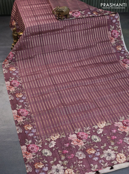 Semi tussar saree brown with allover zari woven veldhari design and floral printed border