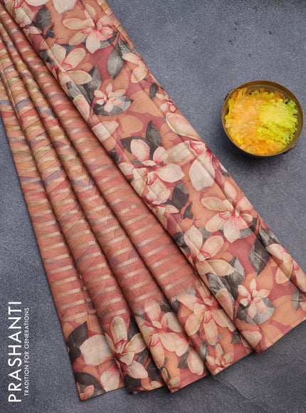 Semi tussar saree rustic orange with allover zari woven veldhari design & prints and floral printed border