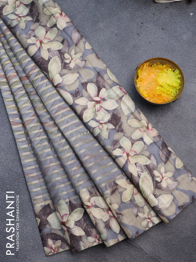 Semi tussar saree grey with allover zari woven veldhari design & prints and floral printed border