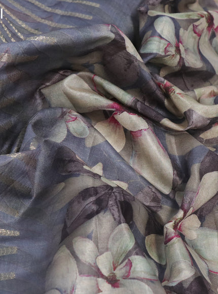 Semi tussar saree grey with allover zari woven veldhari design & prints and floral printed border