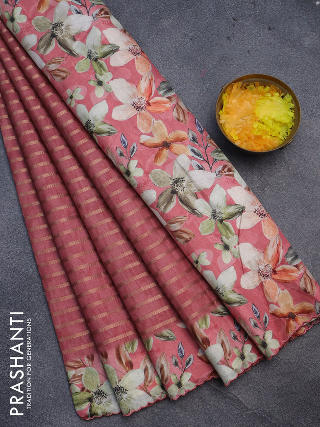 Semi tussar saree maroon shade with allover zari woven veldhari design and floral printed border