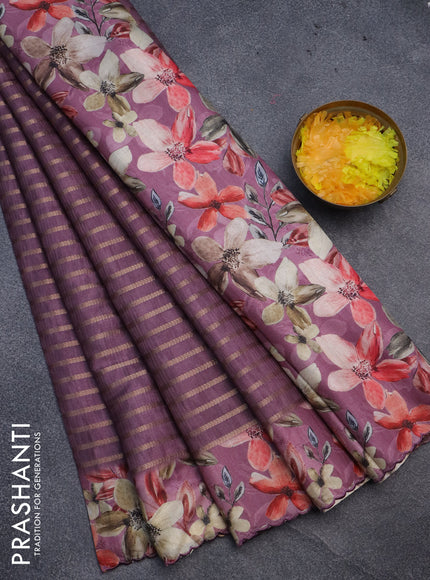 Semi tussar saree deep purple with allover zari woven veldhari design and floral printed border