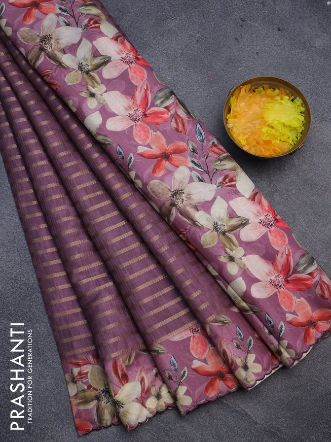 Semi tussar saree deep purple with allover zari woven veldhari design and floral printed border