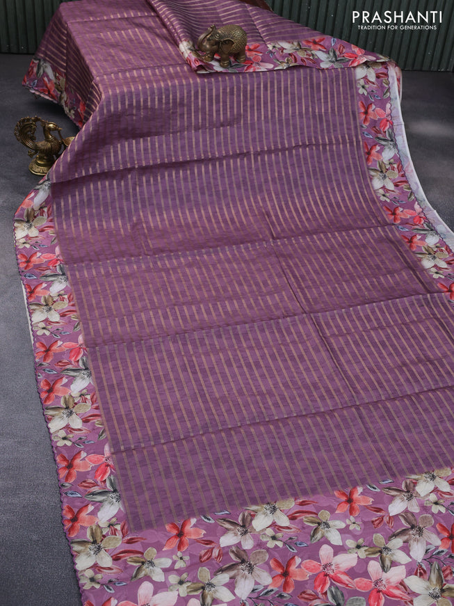 Semi tussar saree deep purple with allover zari woven veldhari design and floral printed border