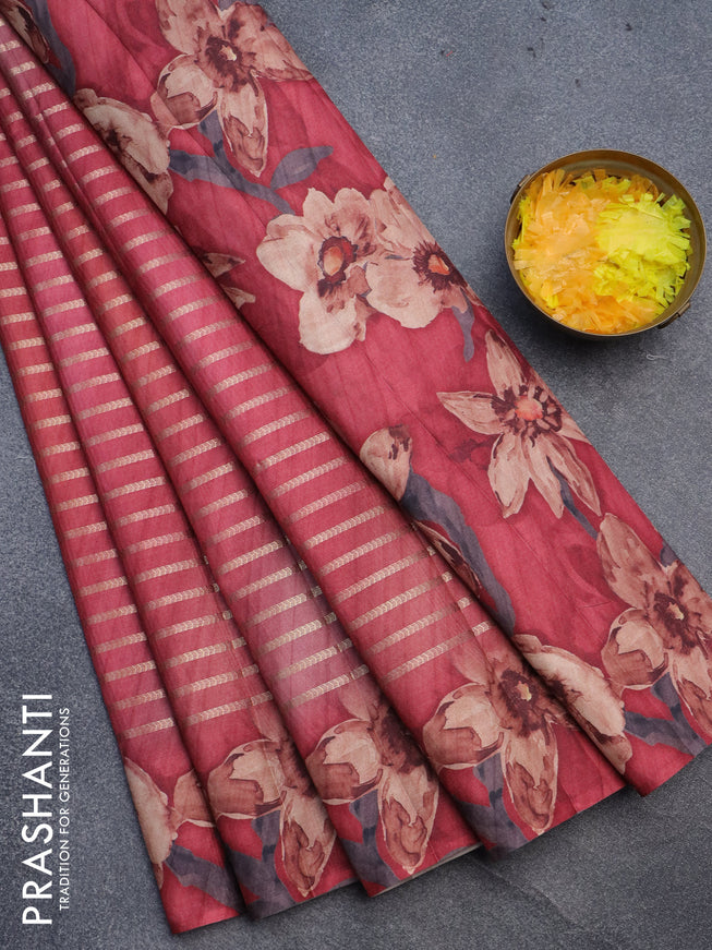 Semi tussar saree red shade with allover zari woven veldhari design and floral printed border