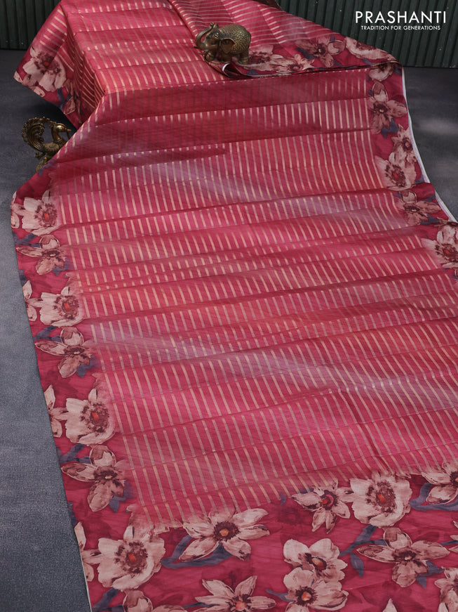 Semi tussar saree red shade with allover zari woven veldhari design and floral printed border