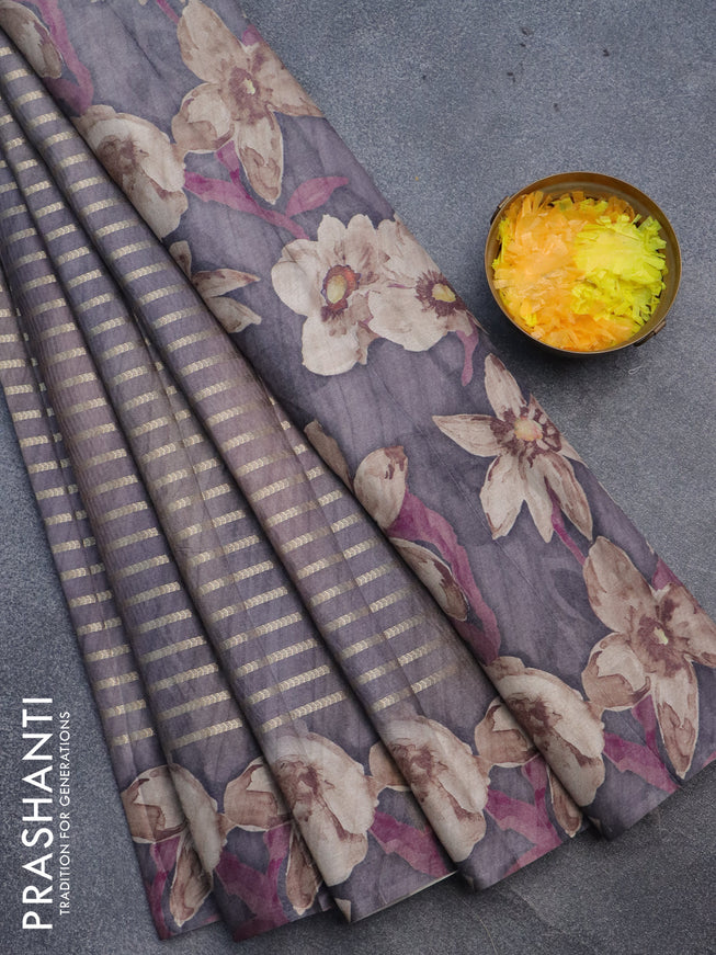 Semi tussar saree grey with allover zari woven veldhari design and floral printed border