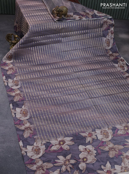 Semi tussar saree grey with allover zari woven veldhari design and floral printed border